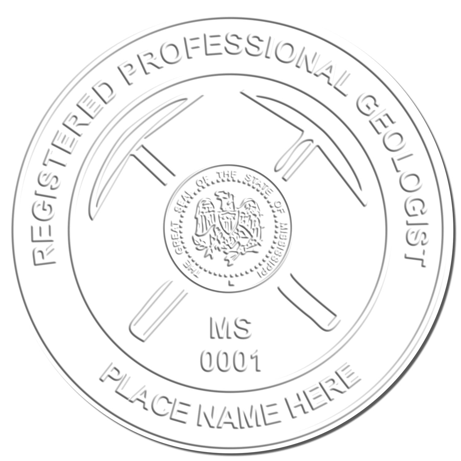 The Mississippi Geologist Desk Seal stamp impression comes to life with a crisp, detailed image stamped on paper - showcasing true professional quality.
