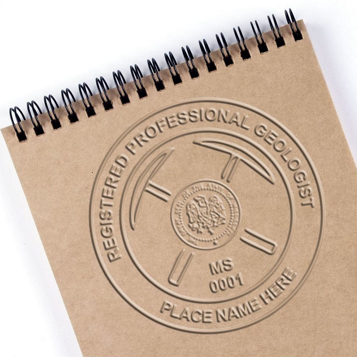 An alternative view of the Soft Mississippi Professional Geologist Seal stamped on a sheet of paper showing the image in use