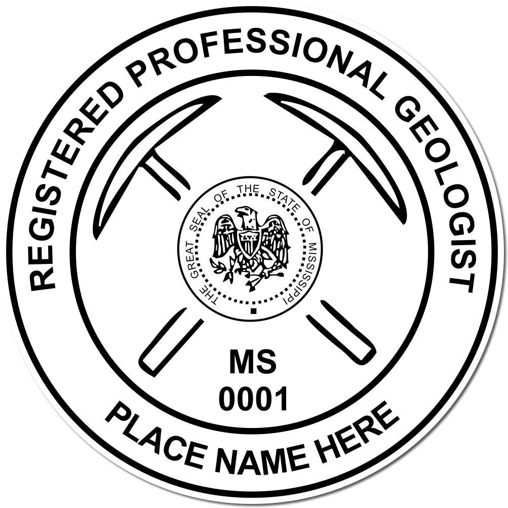This paper is stamped with a sample imprint of the Slim Pre-Inked Mississippi Professional Geologist Seal Stamp, signifying its quality and reliability.