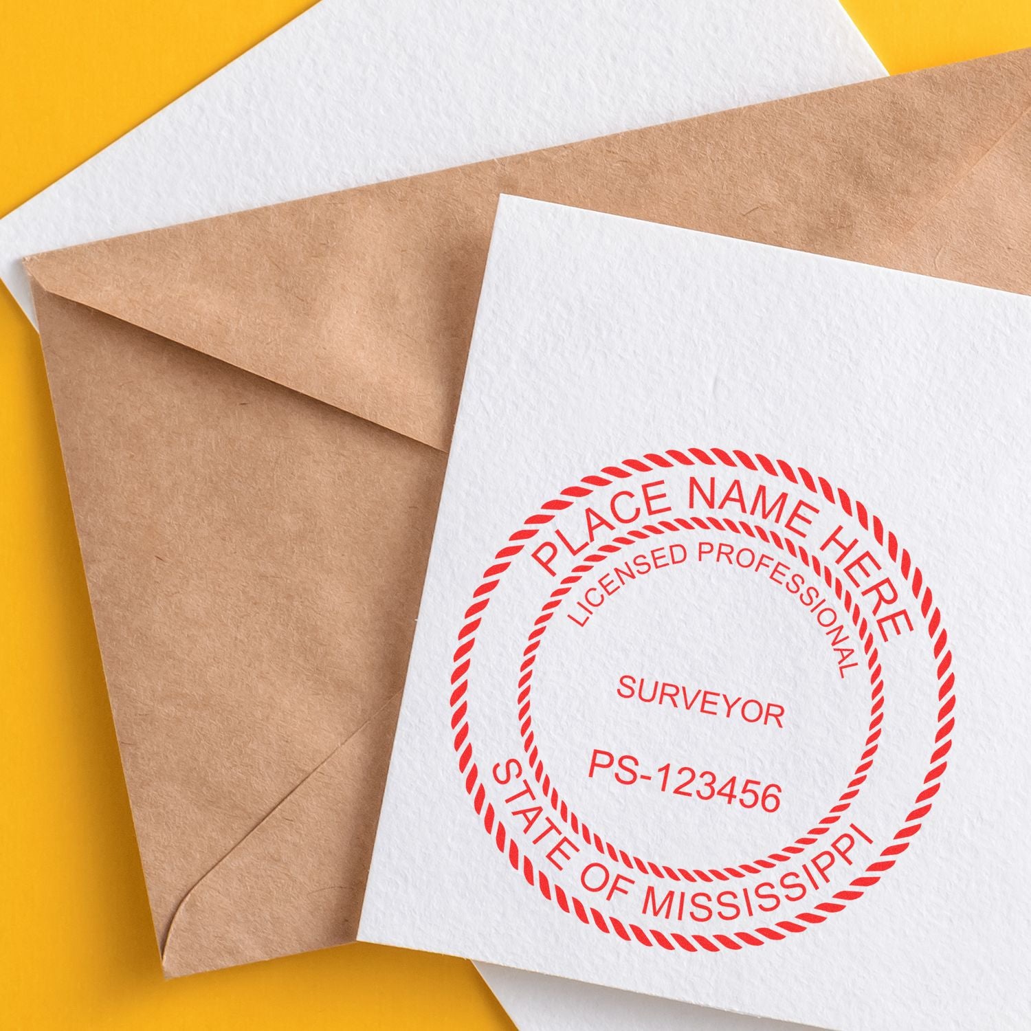 An alternative view of the Slim Pre-Inked Mississippi Land Surveyor Seal Stamp stamped on a sheet of paper showing the image in use