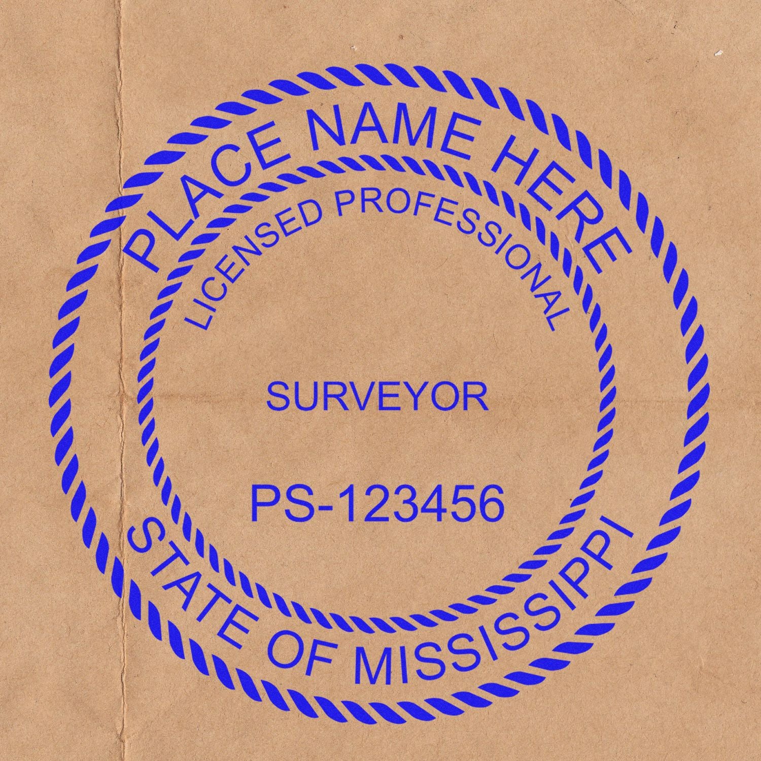 Premium MaxLight Pre-Inked Mississippi Surveyors Stamp with customizable text on a brown background.