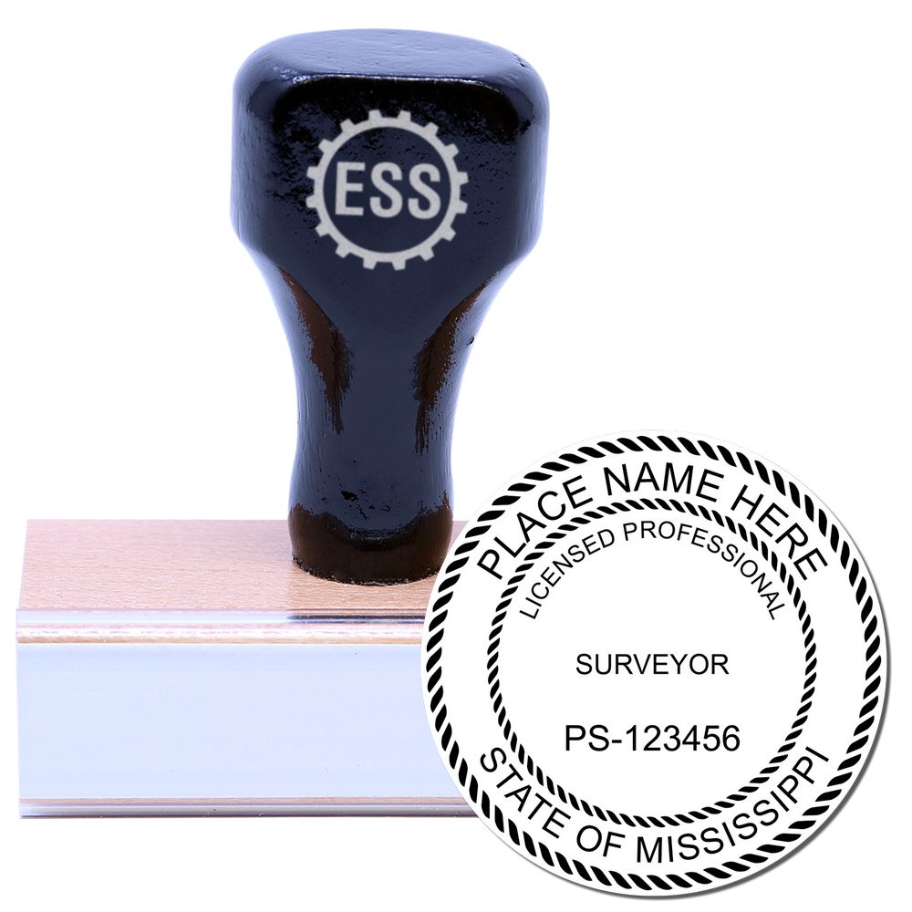 Image of a Mississippi Land Surveyor Seal Stamp, MS PLS Stamp, featuring a wooden handle and an example seal with customizable text.