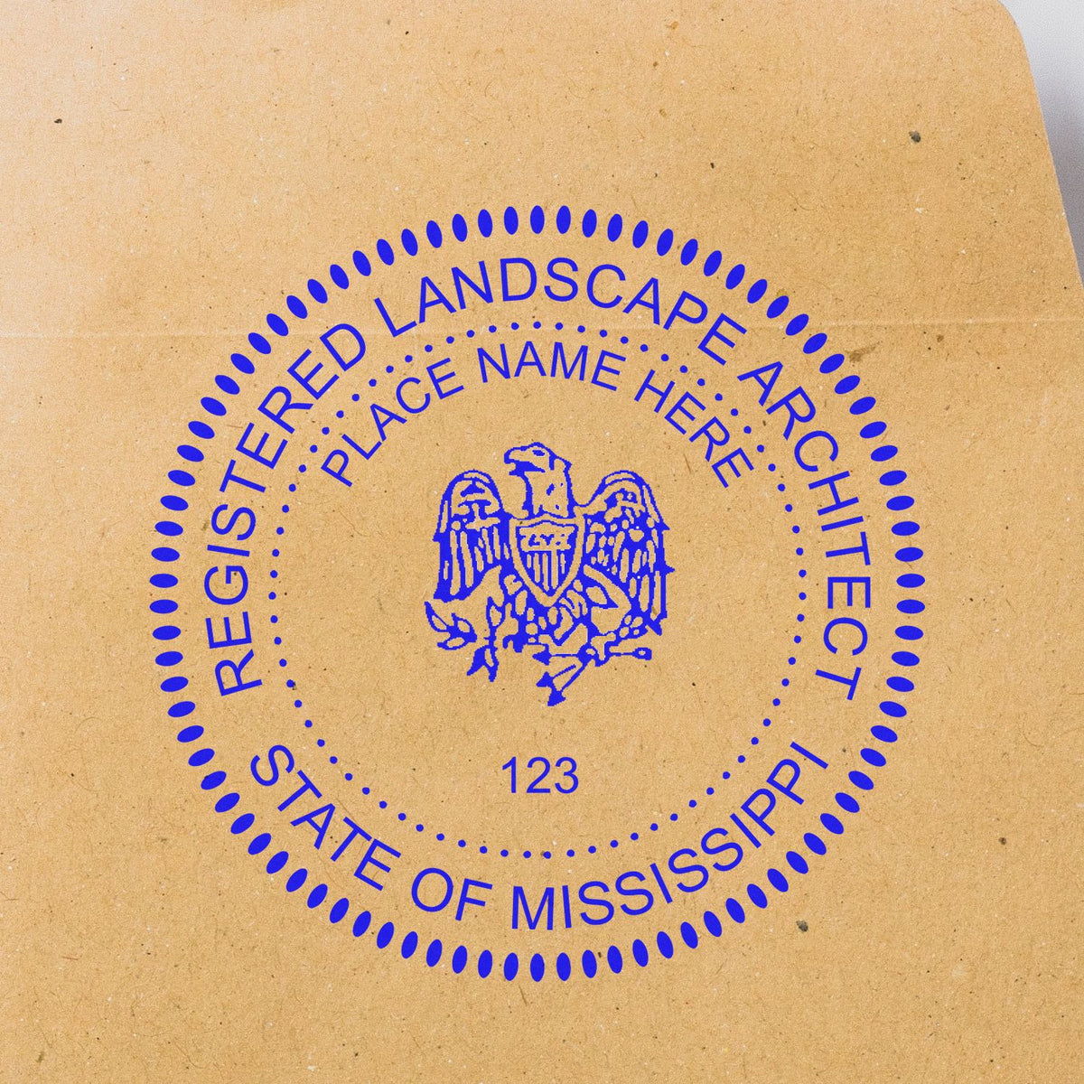 The Slim Pre-Inked Mississippi Landscape Architect Seal Stamp stamp impression comes to life with a crisp, detailed photo on paper - showcasing true professional quality.