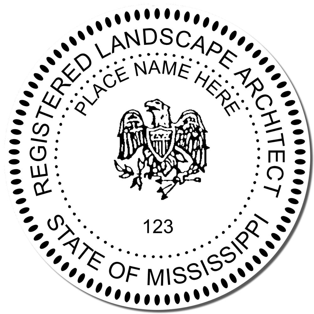 A lifestyle photo showing a stamped image of the Slim Pre-Inked Mississippi Landscape Architect Seal Stamp on a piece of paper