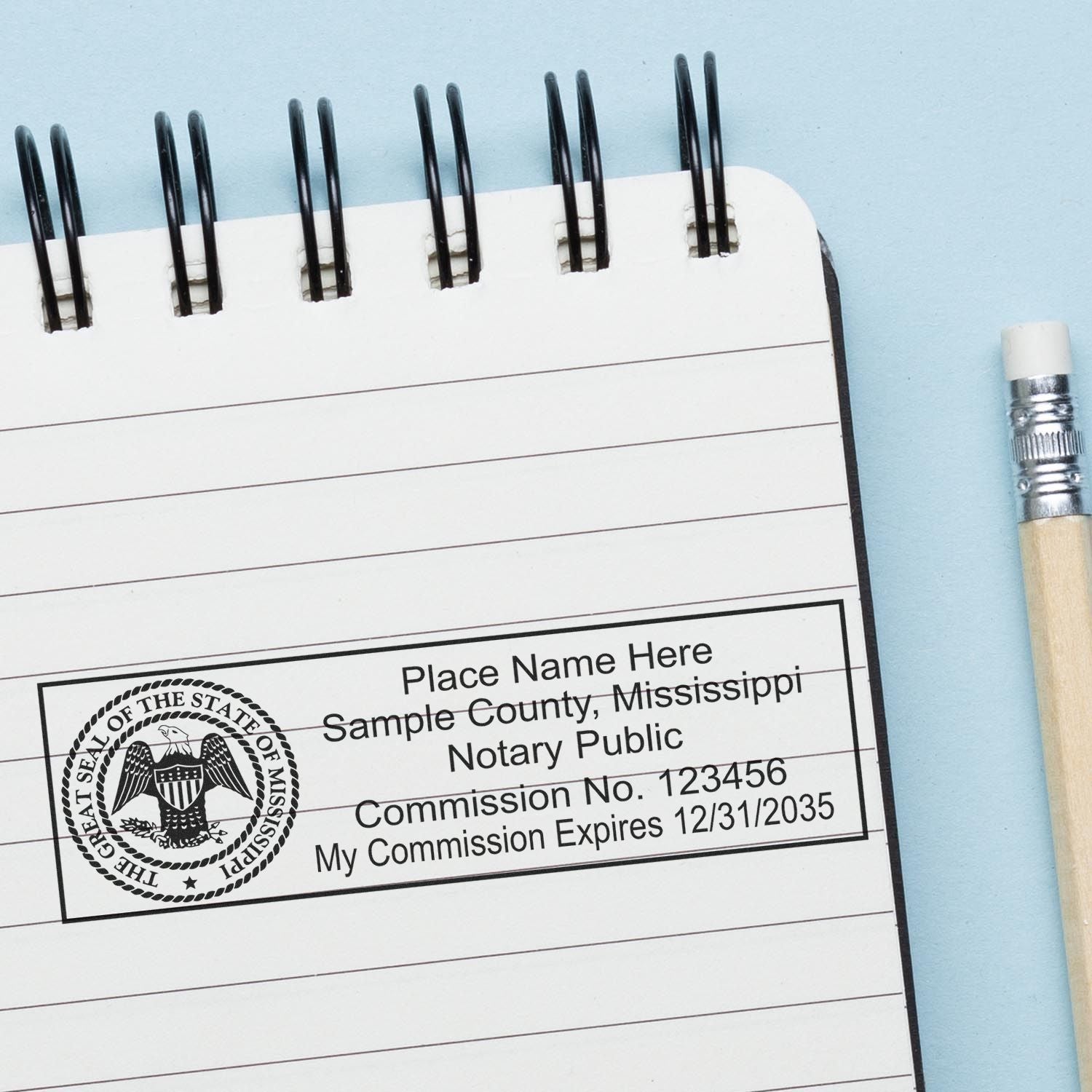 Mississippi Rectangular Digital Notary Seal in use photo showing a stamped imprint of the Mississippi Rectangular Digital Notary Seal