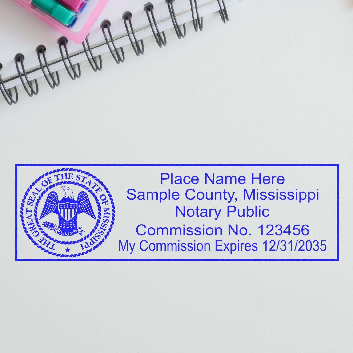 The Mississippi Rectangular Digital Notary Seal stamp impression comes to life with a crisp, detailed photo on paper - showcasing true professional quality.