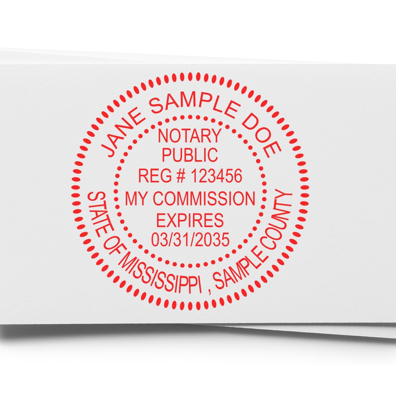 Mississippi Round Electronic Notary Stamp in use photo showing a stamped imprint of the Mississippi Round Electronic Notary Stamp