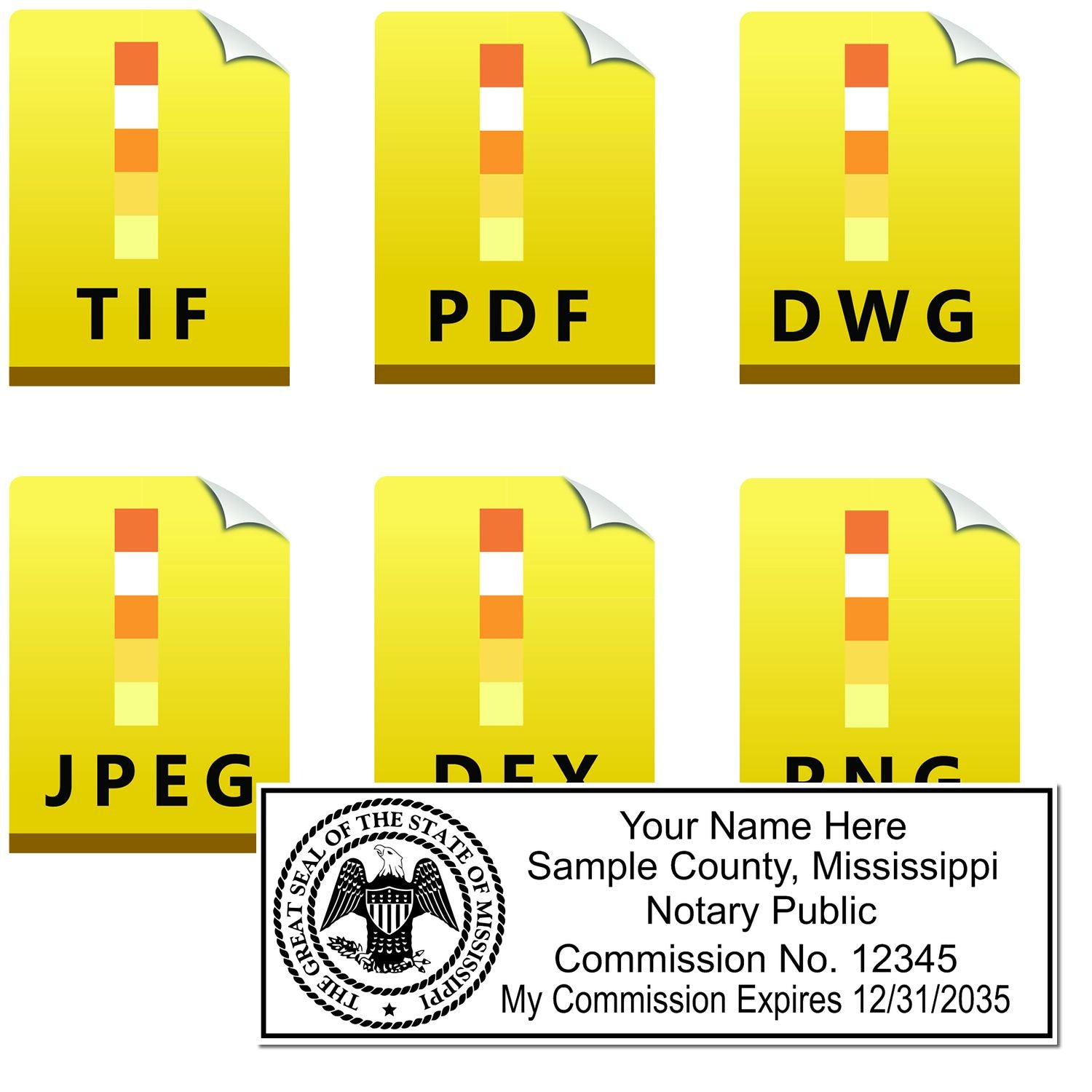 The main image for the Mississippi Rectangular Digital Notary Seal depicting a sample of the imprint and electronic files