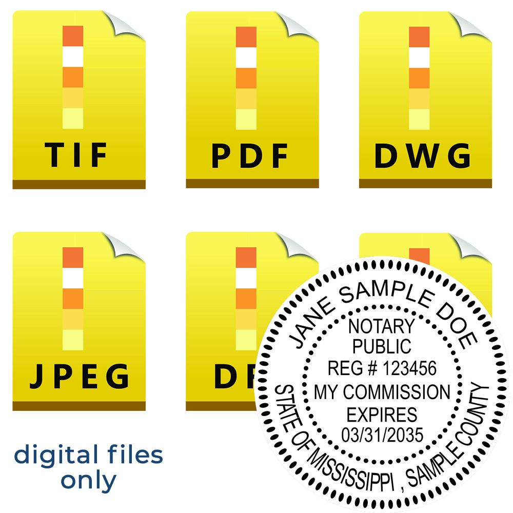 The main image for the Mississippi Round Electronic Notary Stamp depicting a sample of the imprint and electronic files