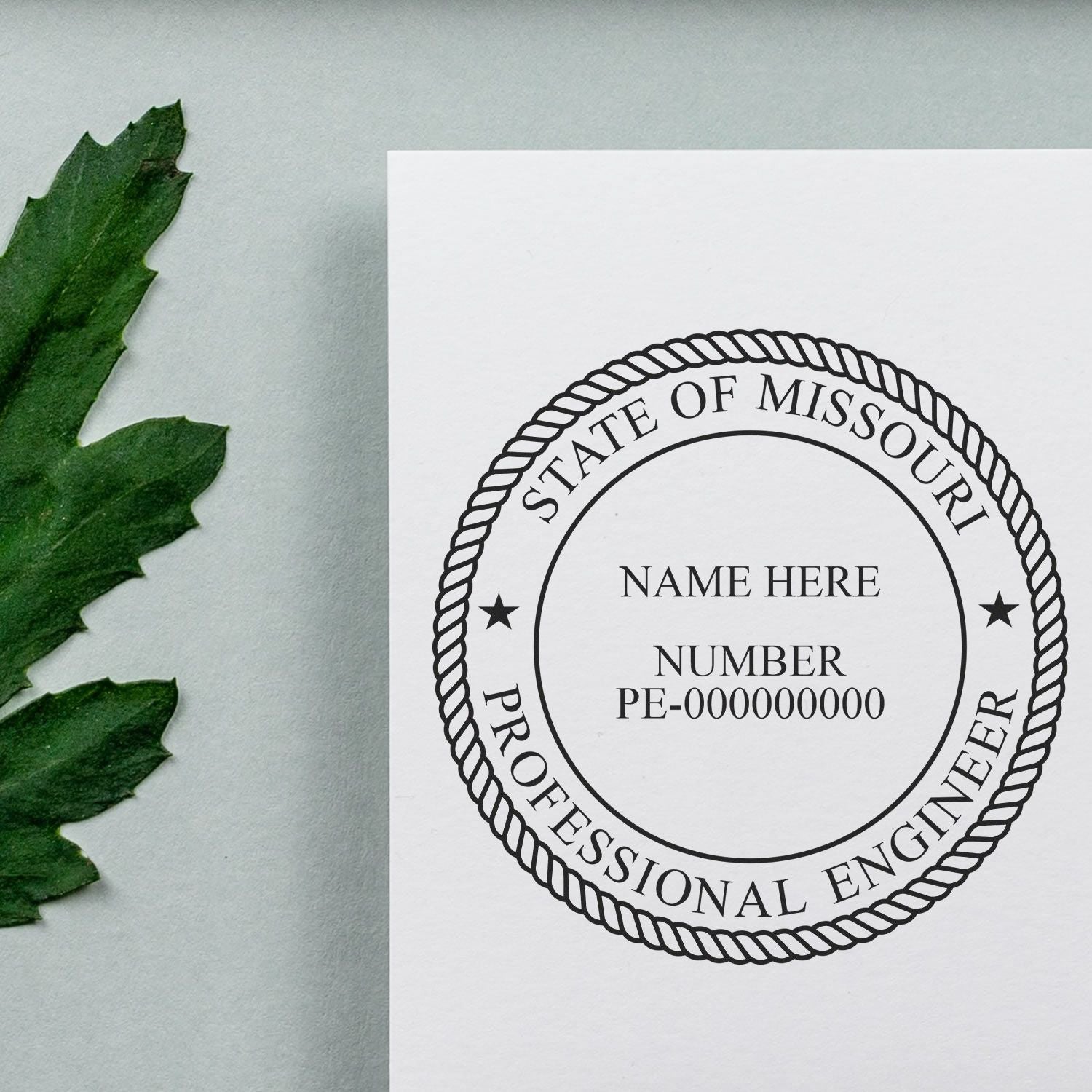 A lifestyle photo showing a stamped image of the Digital Missouri PE Stamp and Electronic Seal for Missouri Engineer on a piece of paper