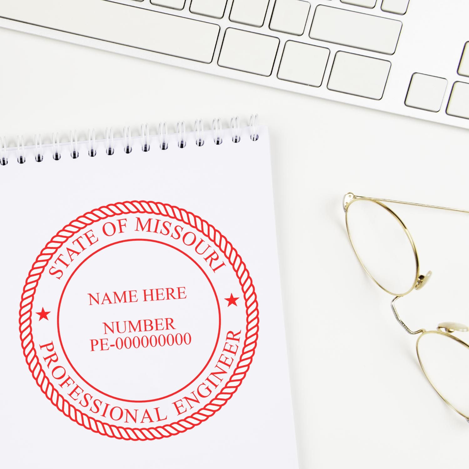 A lifestyle photo showing a stamped image of the Missouri Professional Engineer Seal Stamp on a piece of paper