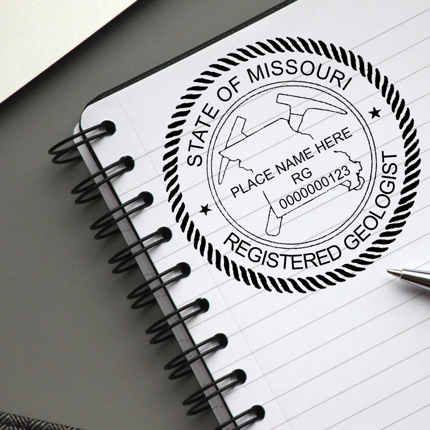 The main image for the Slim Pre-Inked Missouri Professional Geologist Seal Stamp depicting a sample of the imprint and imprint sample