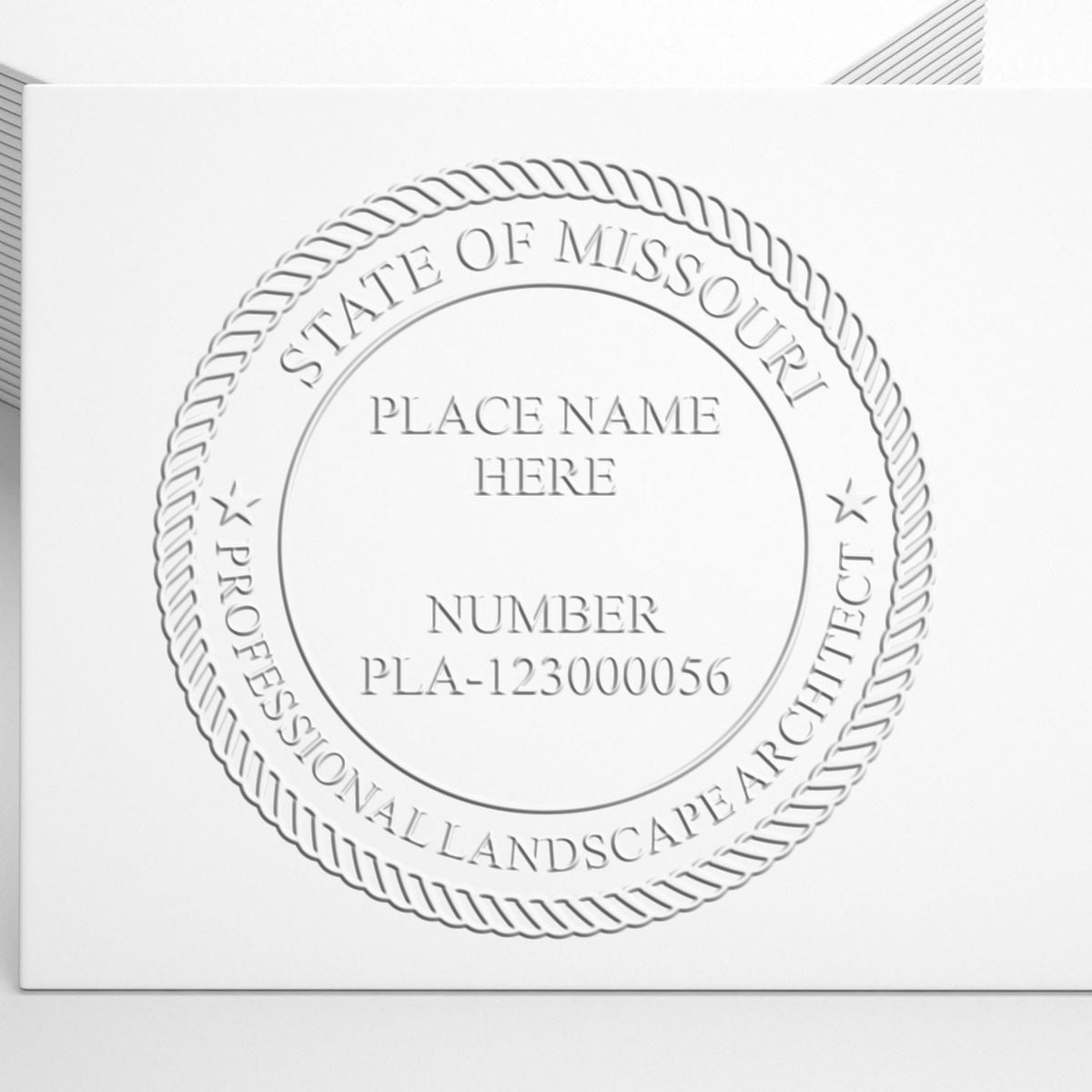 A photograph of the Hybrid Missouri Landscape Architect Seal stamp impression reveals a vivid, professional image of the on paper.