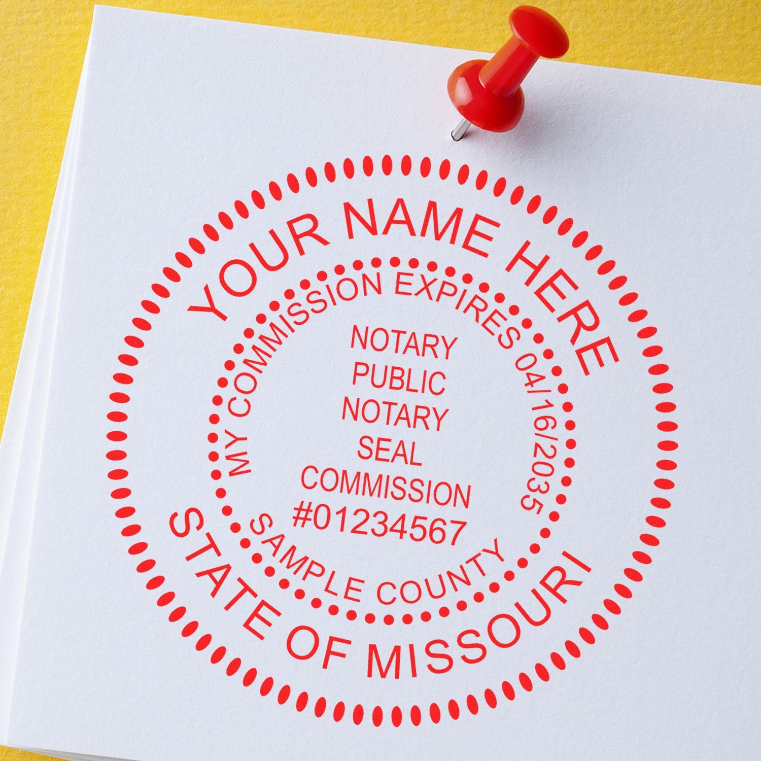 Round Missouri Notary Public Seal Stamp in use photo showing a stamped imprint of the Round Missouri Notary Public Seal Stamp