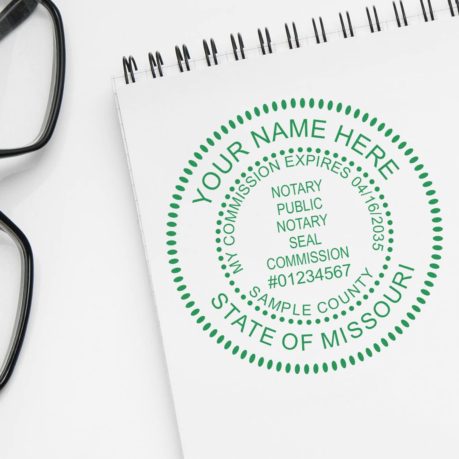 A photograph of the PSI Pre-Inked Missouri Notary Stamp stamp impression reveals a vivid, professional image of the on paper.