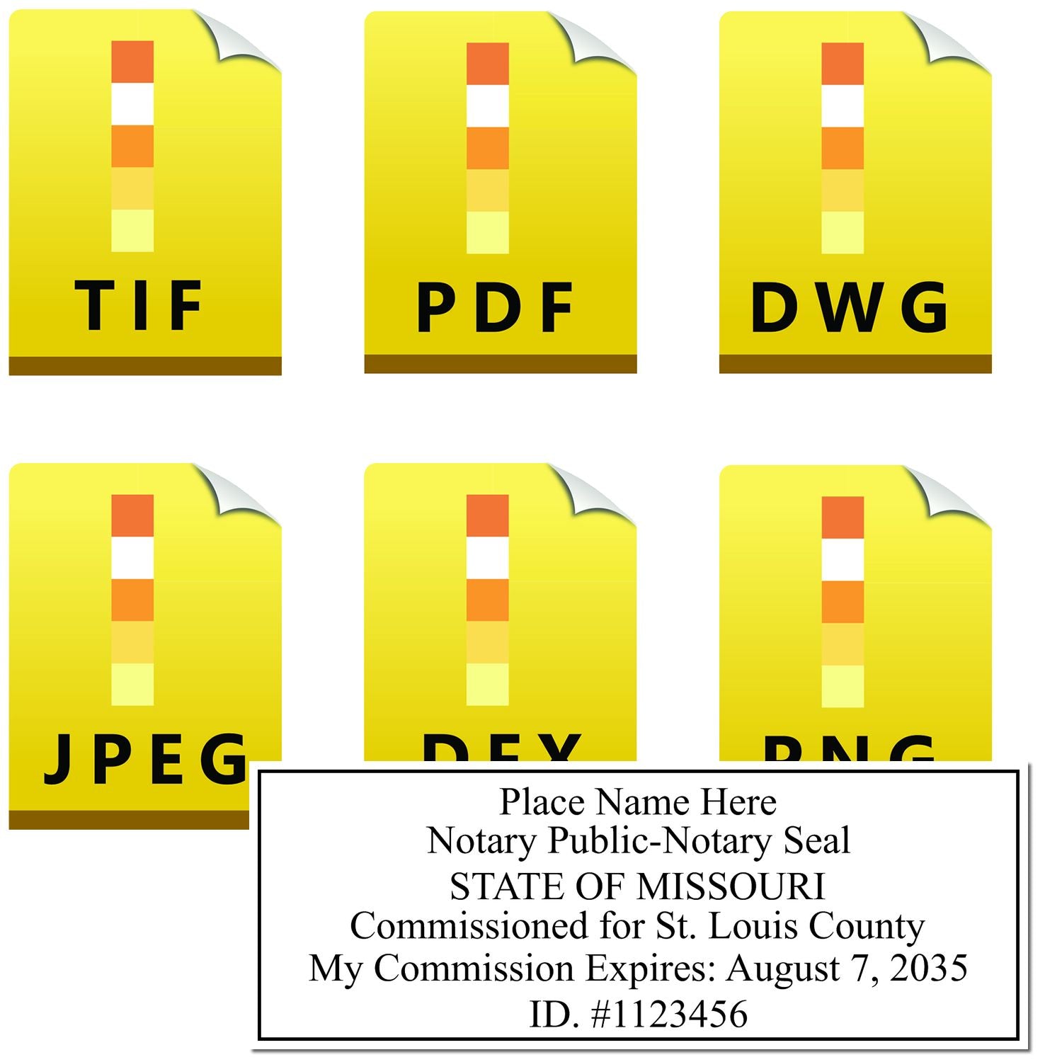 The main image for the Missouri Rectangular Digital Notary Seal depicting a sample of the imprint and electronic files