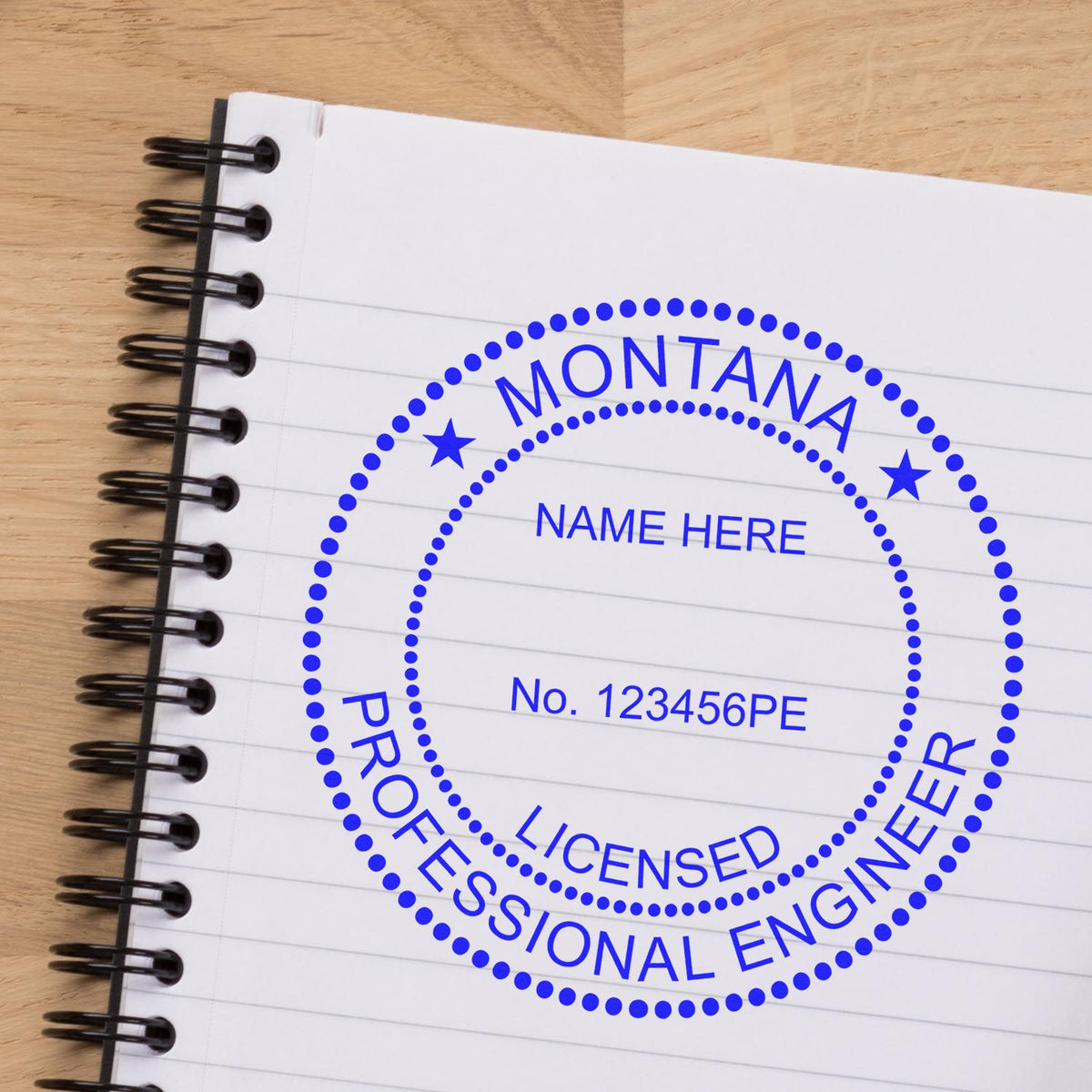 The Self-Inking Montana PE Stamp stamp impression comes to life with a crisp, detailed photo on paper - showcasing true professional quality.
