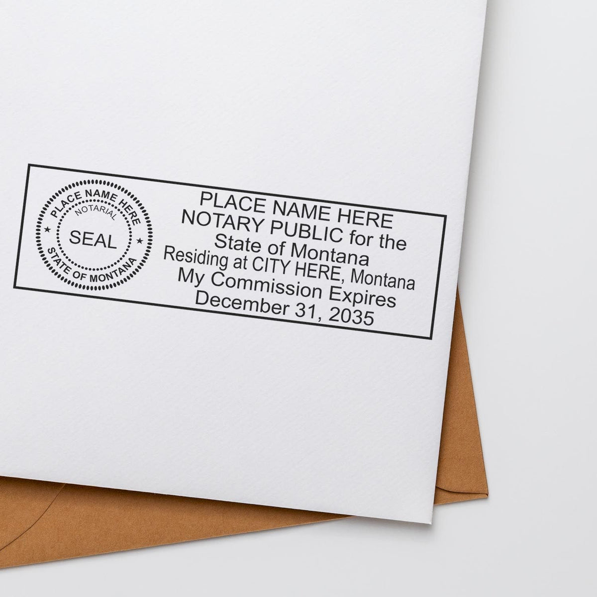 A lifestyle photo showing a stamped image of the MaxLight Premium Pre-Inked Montana State Seal Notarial Stamp on a piece of paper