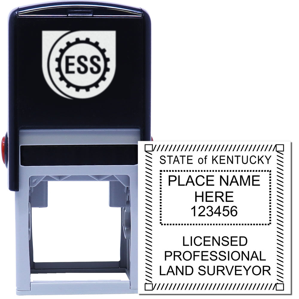 Self Inking Kentucky Land Surveyor Stamp with professional design, featuring Kentucky Professional Land Surveyor text and state seal, ideal for official documents.