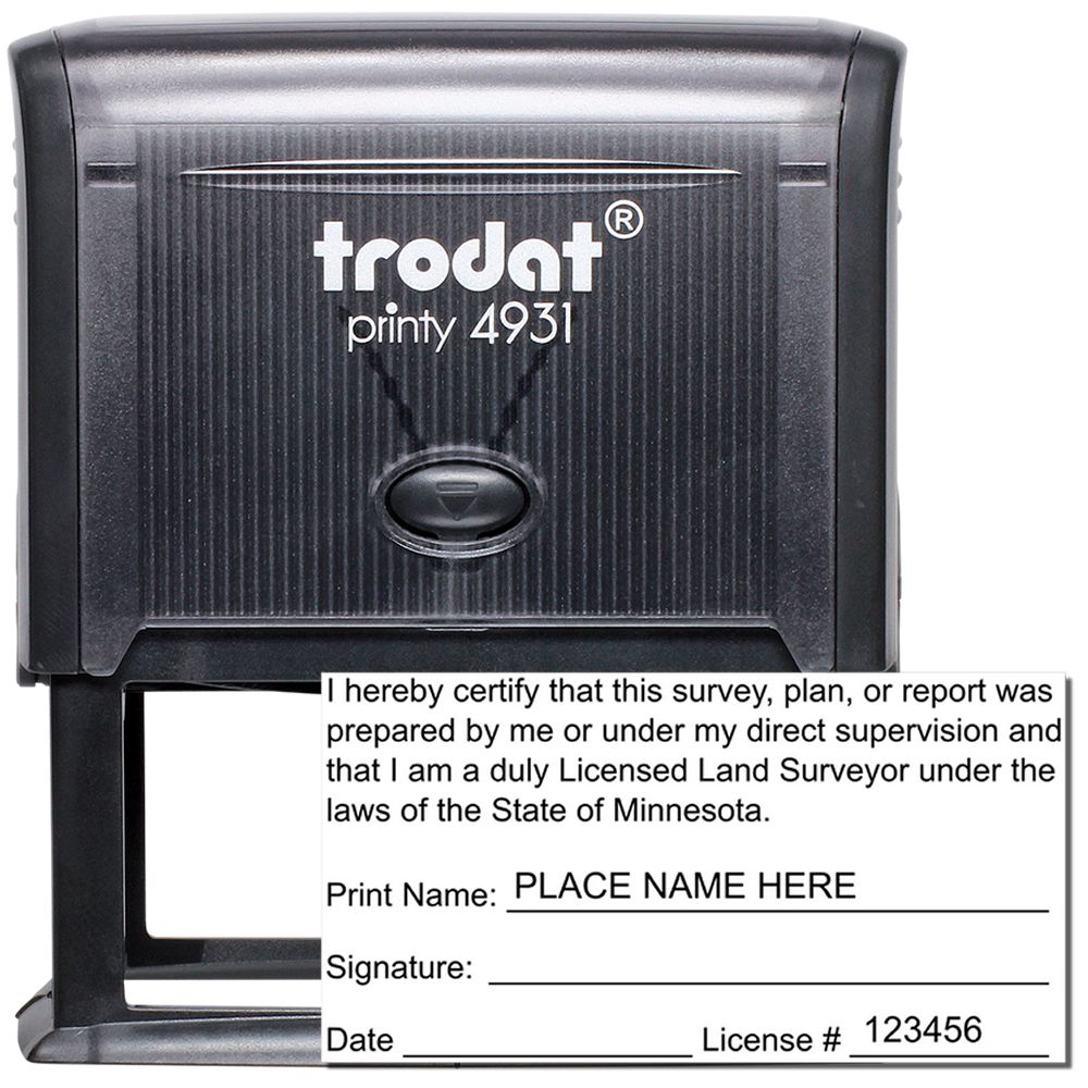 Self Inking Minnesota Land Surveyor Stamp with professional seal, featuring Minnesota and Professional Land Surveyor text, ideal for official documents and certifications.