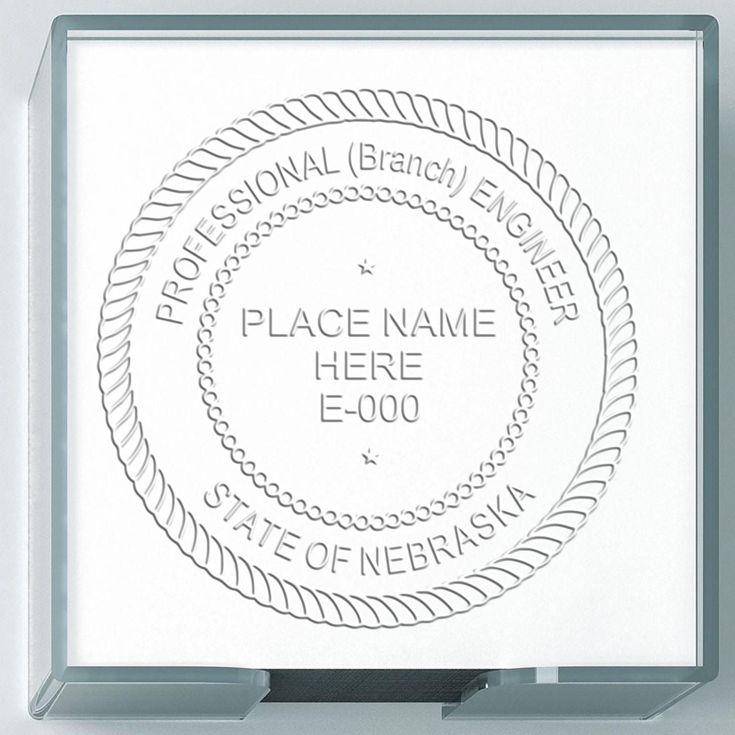 The Heavy Duty Cast Iron Nebraska Engineer Seal Embosser stamp impression comes to life with a crisp, detailed photo on paper - showcasing true professional quality.