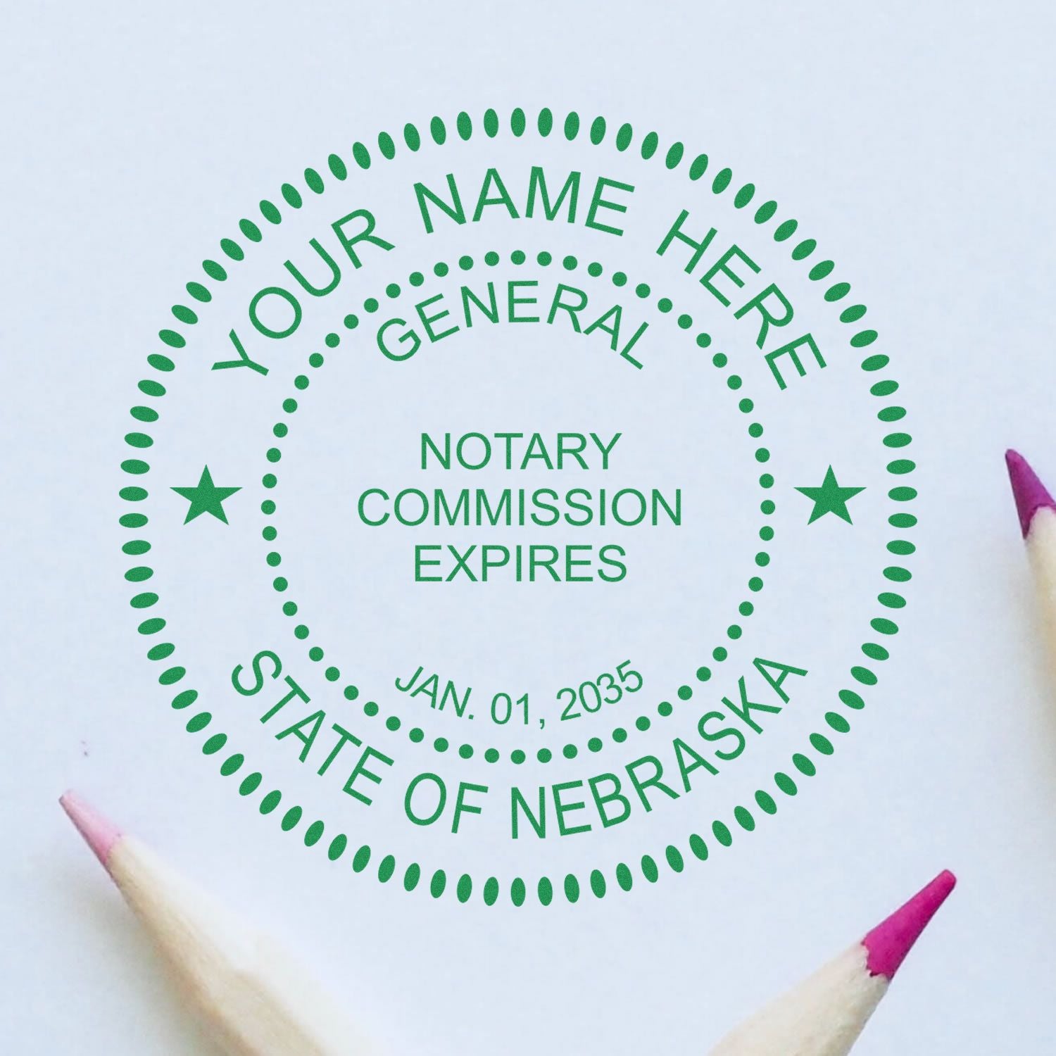 A lifestyle photo showing a stamped image of the Premium Pre-Inked Nebraska MaxLight Notary Public Stamp on a piece of paper