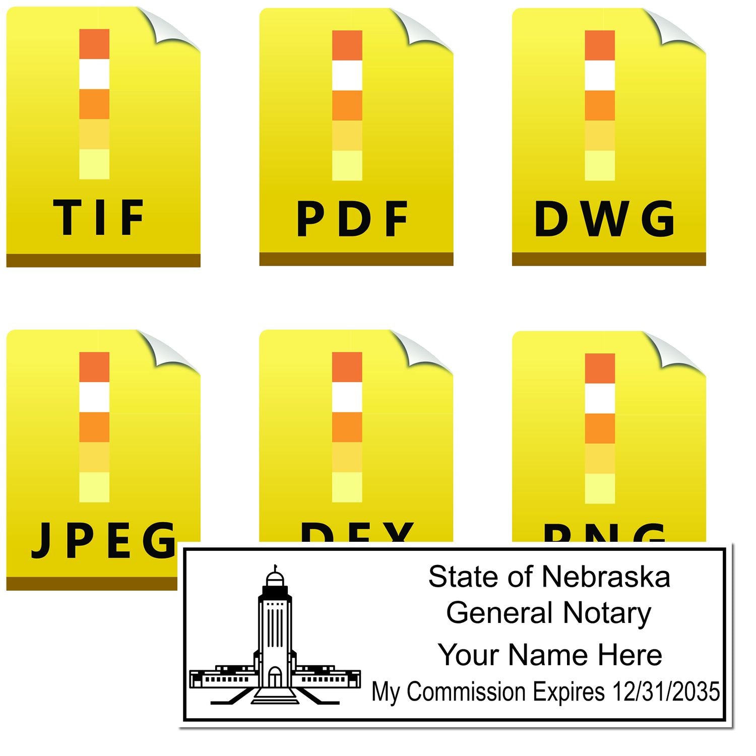 The main image for the Nebraska Rectangular Digital Notary Seal depicting a sample of the imprint and electronic files