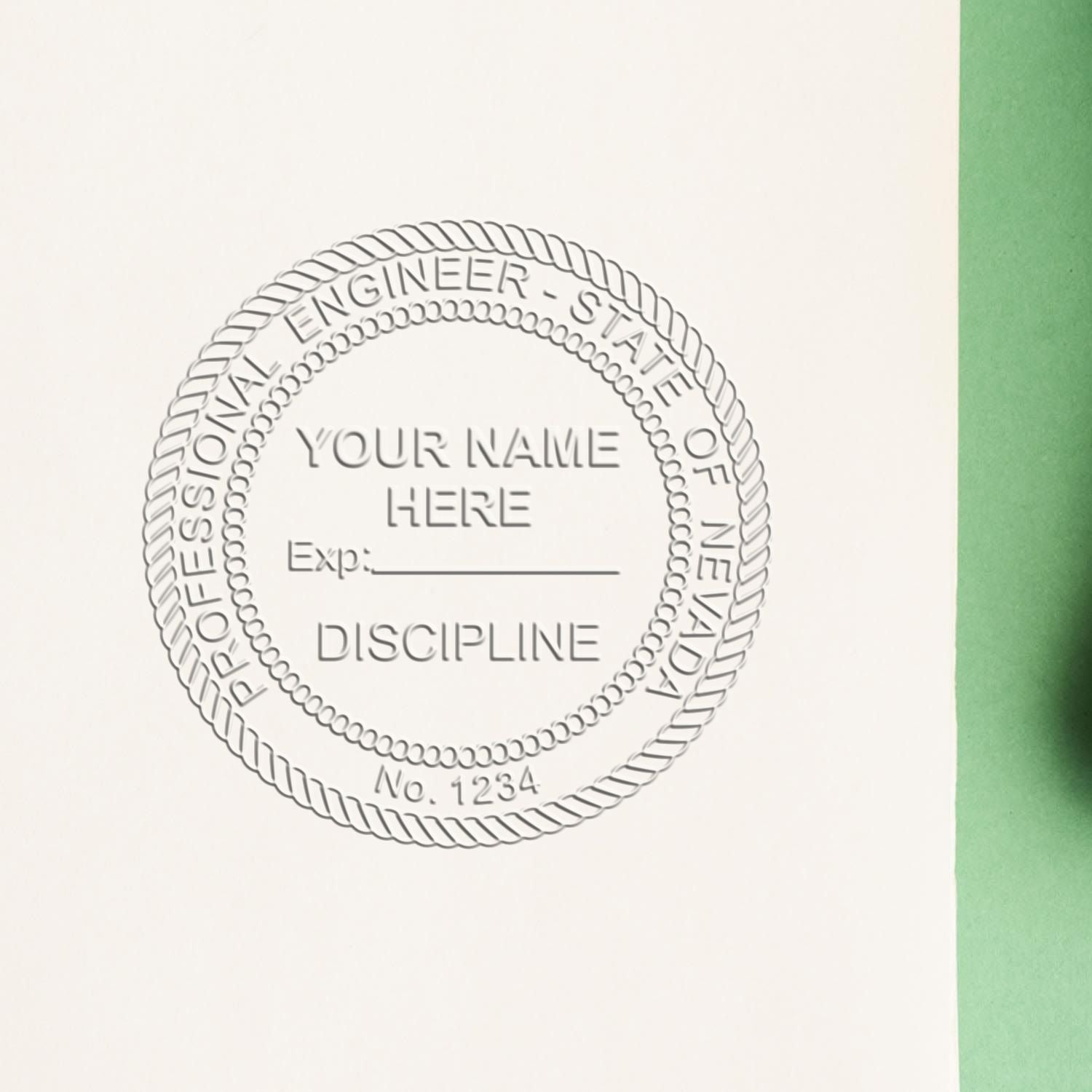 An alternative view of the State of Nevada Extended Long Reach Engineer Seal stamped on a sheet of paper showing the image in use