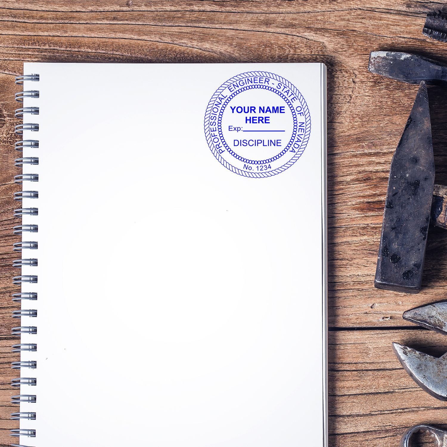 A stamped impression of the Nevada Professional Engineer Seal Stamp in this stylish lifestyle photo, setting the tone for a unique and personalized product.