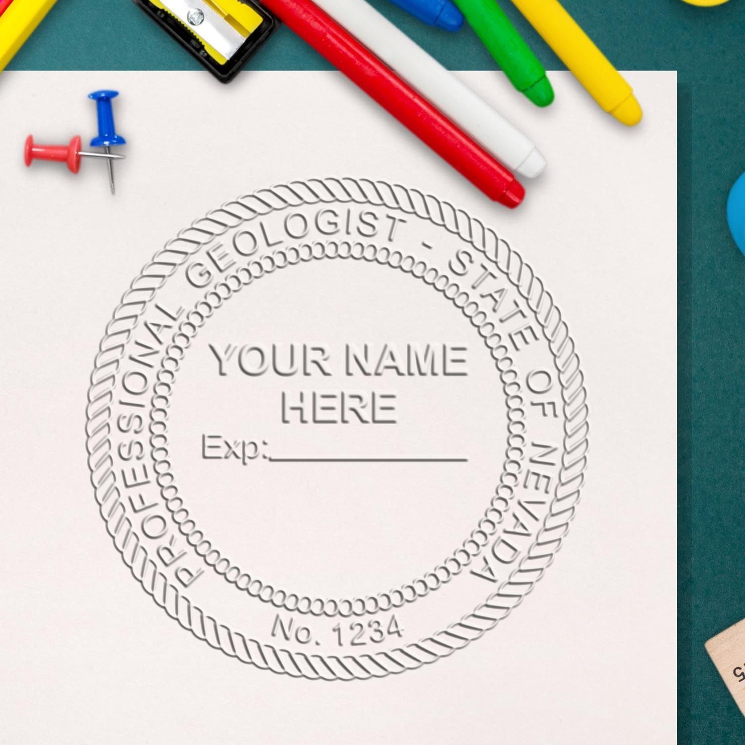 A stamped imprint of the Nevada Geologist Desk Seal in this stylish lifestyle photo, setting the tone for a unique and personalized product.