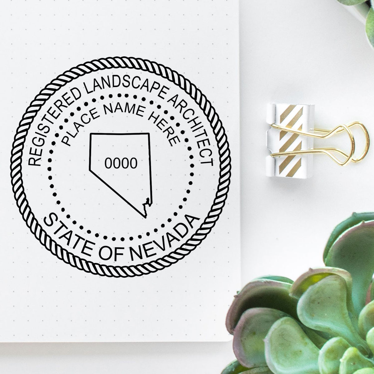 This paper is stamped with a sample imprint of the Slim Pre-Inked Nevada Landscape Architect Seal Stamp, signifying its quality and reliability.