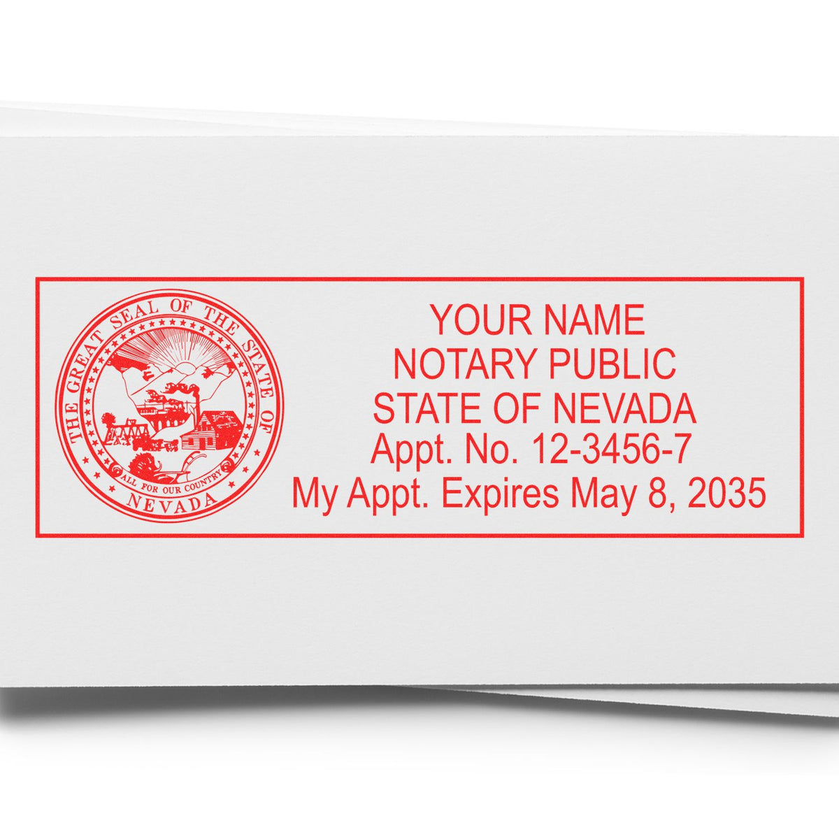 An alternative view of the MaxLight Premium Pre-Inked Nevada State Seal Notarial Stamp stamped on a sheet of paper showing the image in use