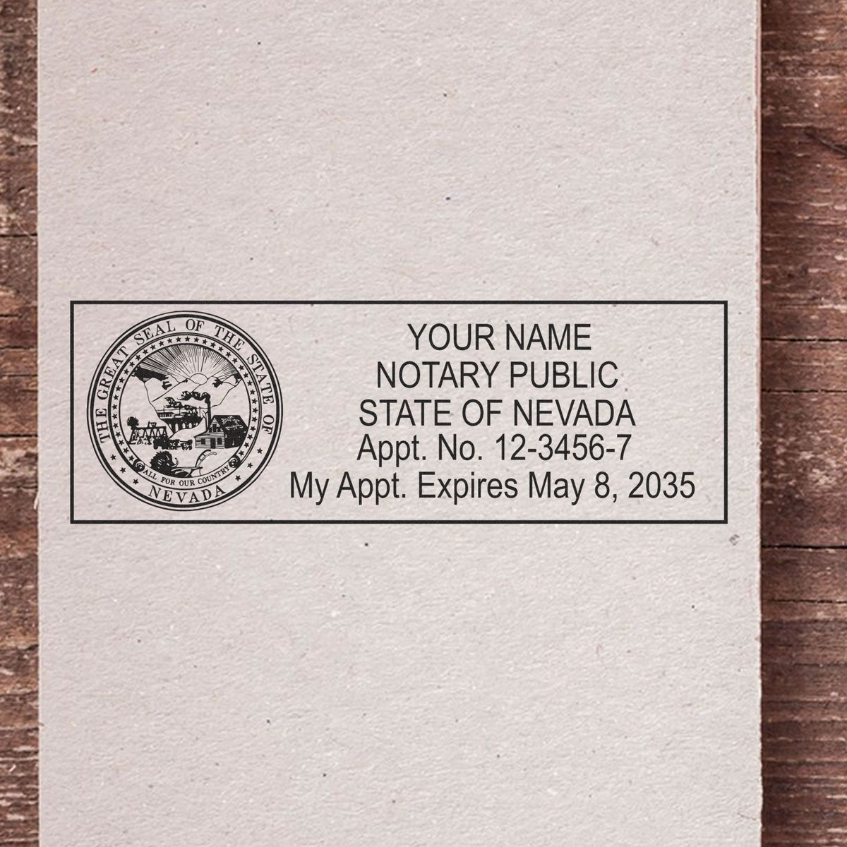 A photograph of the MaxLight Premium Pre-Inked Nevada State Seal Notarial Stamp stamp impression reveals a vivid, professional image of the on paper.