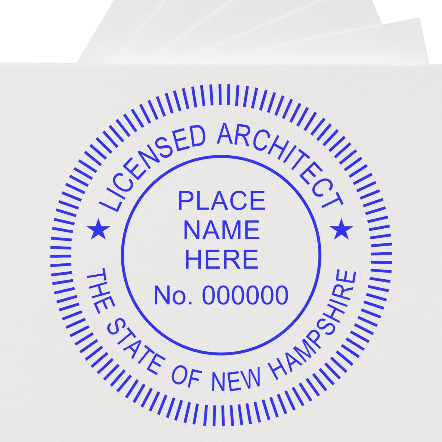 Premium MaxLight Pre-Inked New Hampshire Architectural Stamp with blue ink, featuring customizable text for licensed architects in New Hampshire.