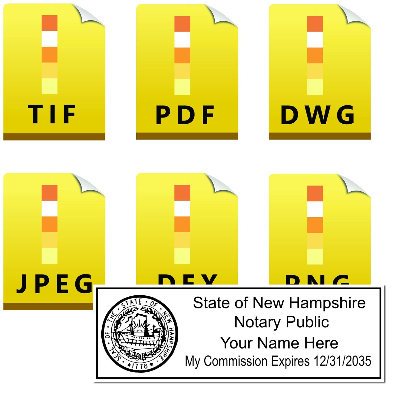 The main image for the New Hampshire Rectangular Digital Notary Seal depicting a sample of the imprint and electronic files