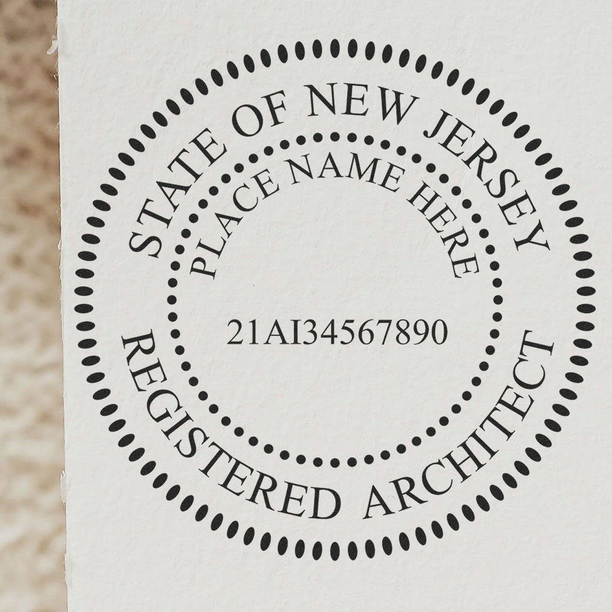 Slim Pre-Inked New Jersey Architect Seal Stamp in use photo showing a stamped imprint of the Slim Pre-Inked New Jersey Architect Seal Stamp