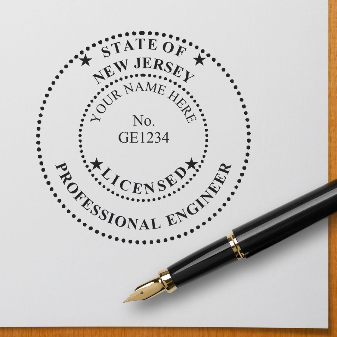 A lifestyle photo showing a stamped image of the Slim Pre-Inked New Jersey Professional Engineer Seal Stamp on a piece of paper