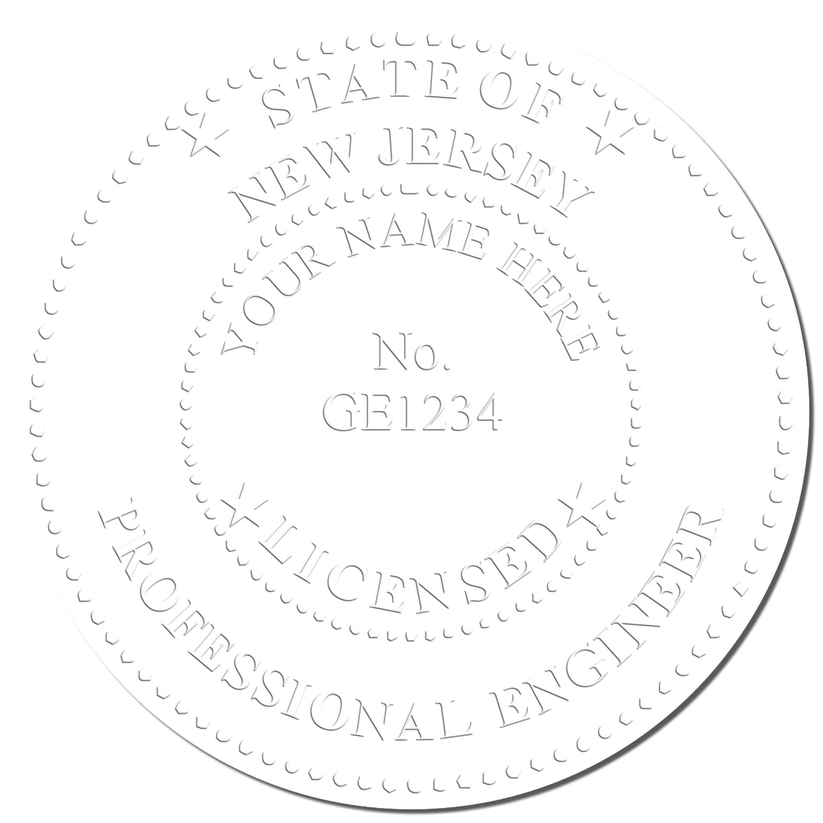 This paper is stamped with a sample imprint of the Heavy Duty Cast Iron New Jersey Engineer Seal Embosser, signifying its quality and reliability.