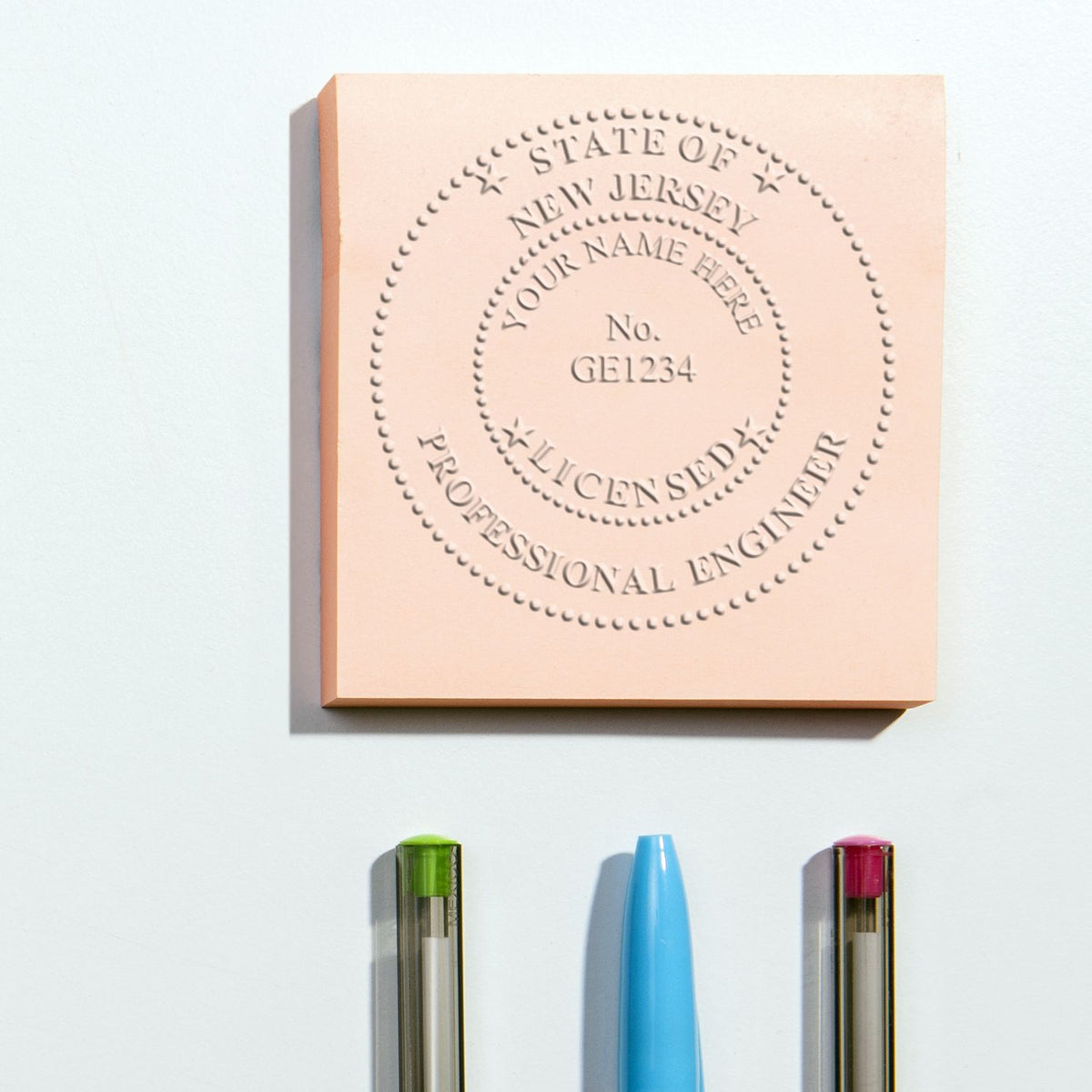A photograph of the New Jersey Engineer Desk Seal stamp impression reveals a vivid, professional image of the on paper.
