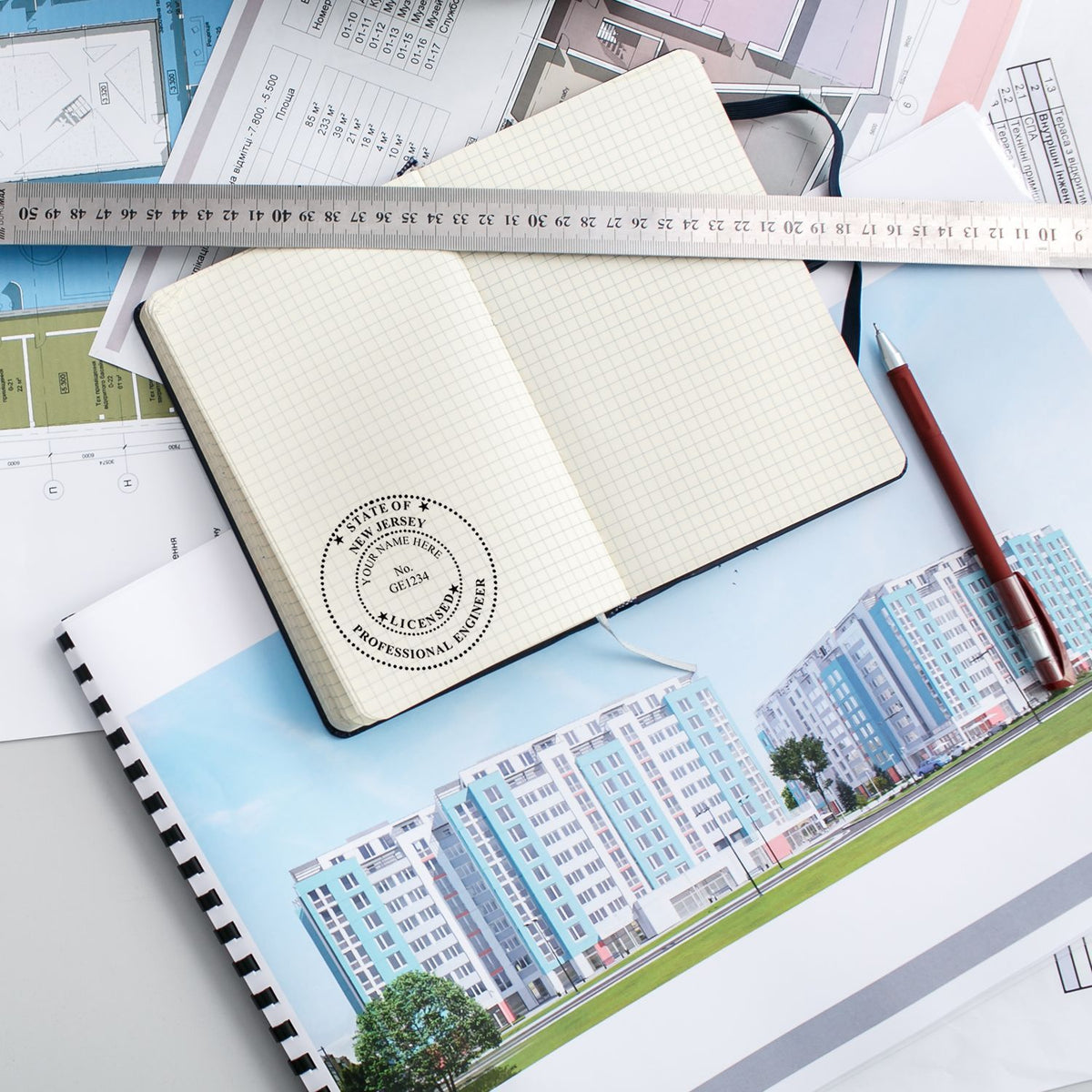 A stamped impression of the New Jersey Professional Engineer Seal Stamp in this stylish lifestyle photo, setting the tone for a unique and personalized product.
