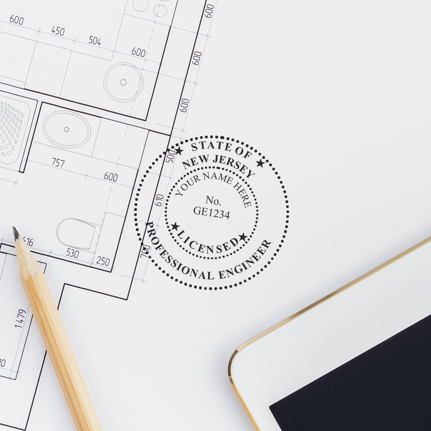 An alternative view of the Premium MaxLight Pre-Inked New Jersey Engineering Stamp stamped on a sheet of paper showing the image in use