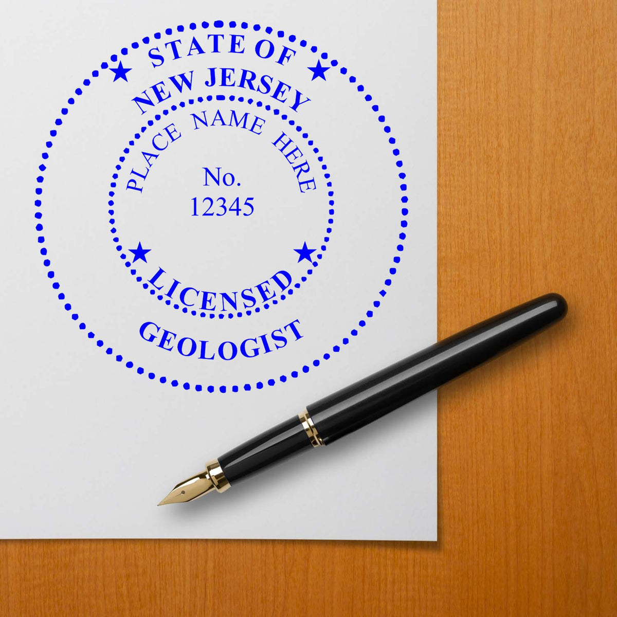 The Slim Pre-Inked New Jersey Professional Geologist Seal Stamp stamp impression comes to life with a crisp, detailed image stamped on paper - showcasing true professional quality.