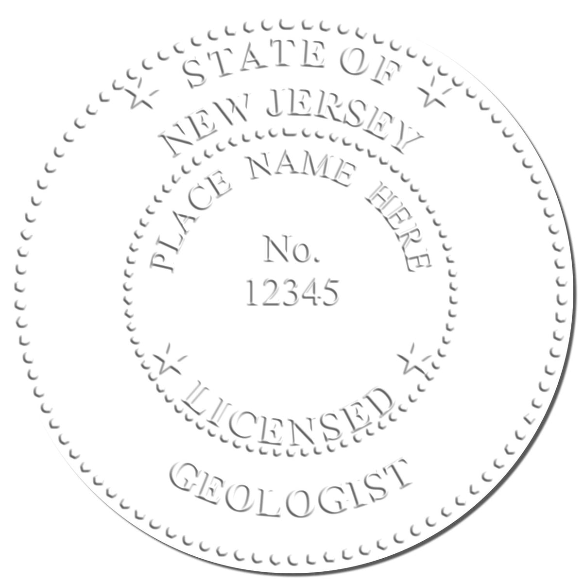 An in use photo of the Heavy Duty Cast Iron New Jersey Geologist Seal Embosser showing a sample imprint on a cardstock