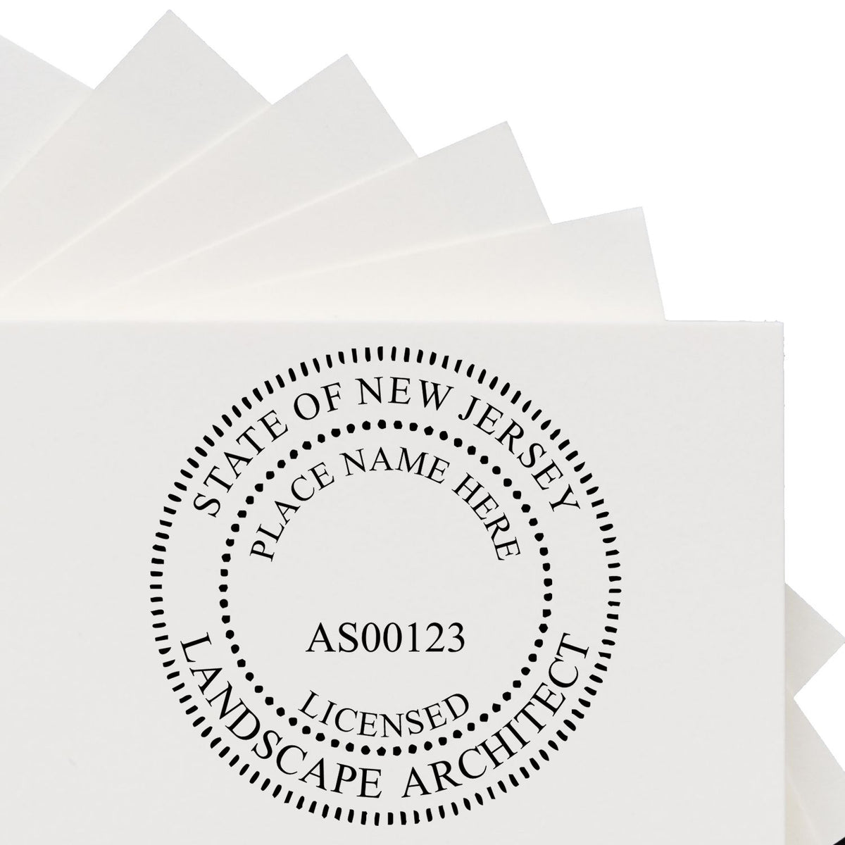 A lifestyle photo showing a stamped image of the Digital New Jersey Landscape Architect Stamp on a piece of paper