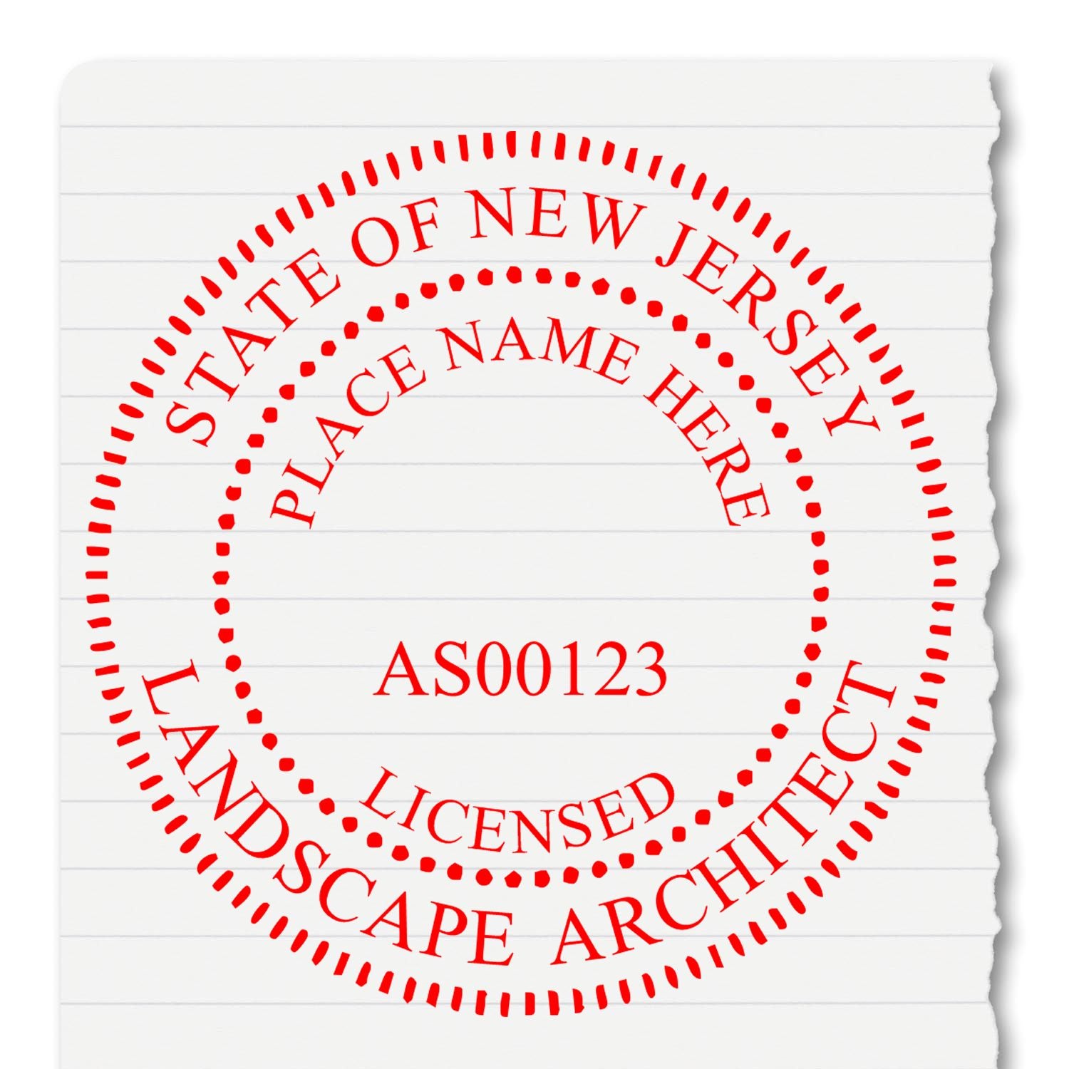 The main image for the New Jersey Landscape Architectural Seal Stamp depicting a sample of the imprint and electronic files