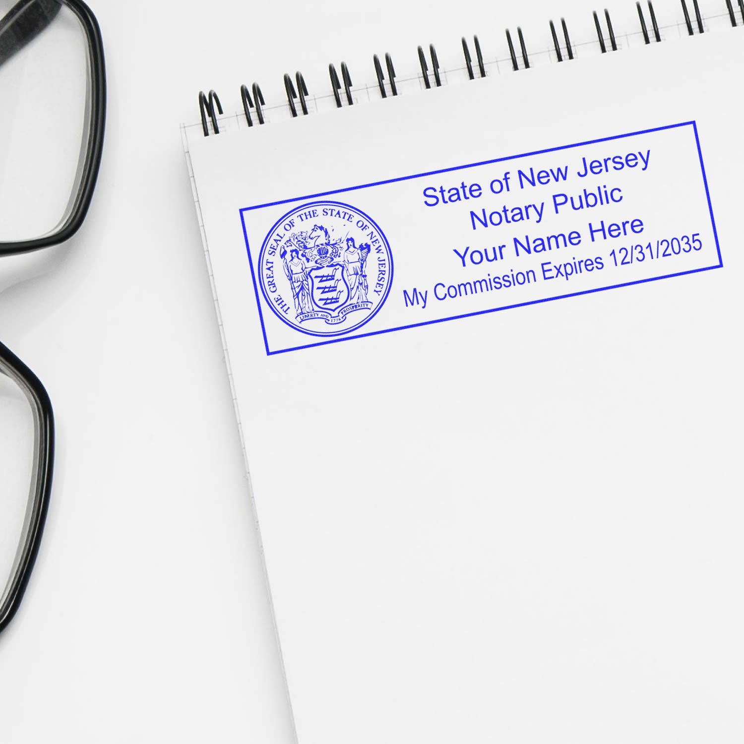 The main image for the Slim Pre-Inked State Seal Notary Stamp for New Jersey depicting a sample of the imprint and electronic files