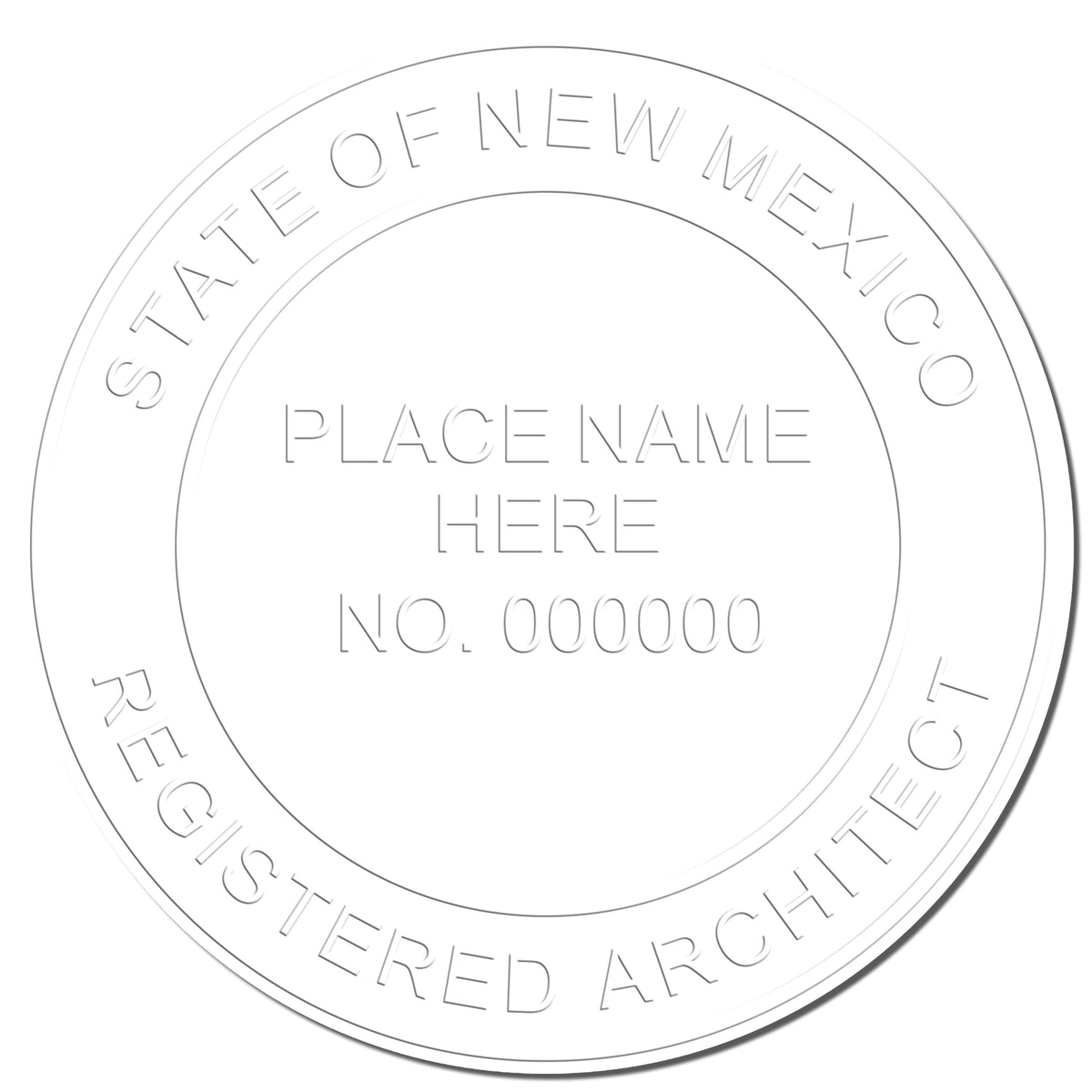 A photograph of the Handheld New Mexico Architect Seal Embosser stamp impression reveals a vivid, professional image of the on paper.