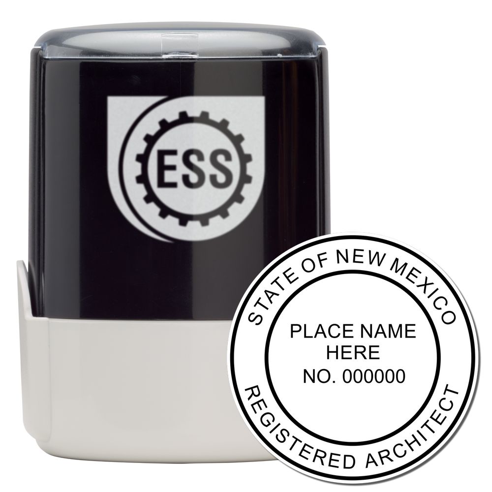 Self Inking New Mexico Architect Stamp with a black and white design, featuring a circular imprint for registered architects in New Mexico.
