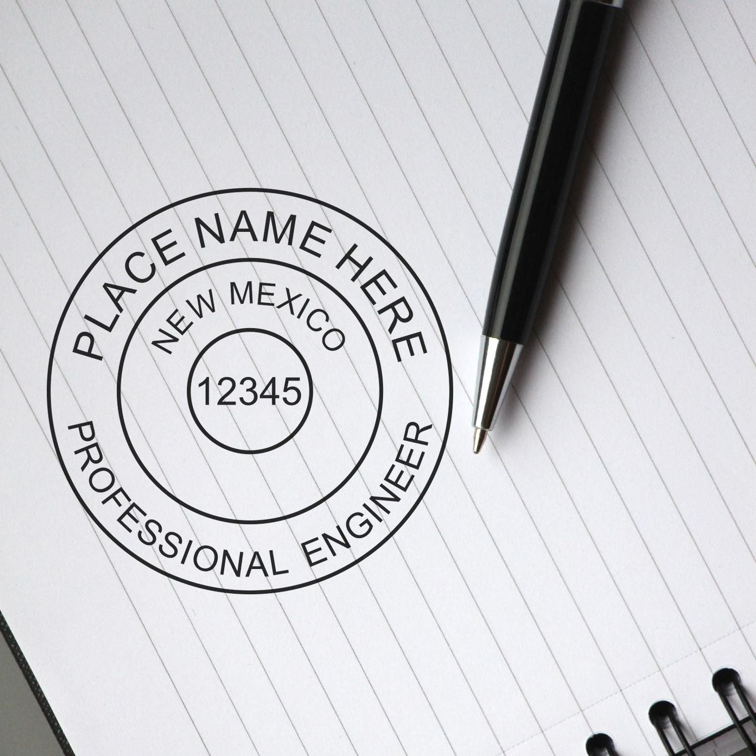 This paper is stamped with a sample imprint of the New Mexico Professional Engineer Seal Stamp, signifying its quality and reliability.