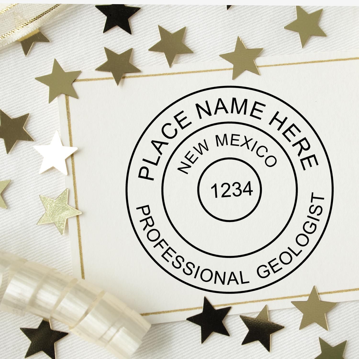 A lifestyle photo showing a stamped image of the Slim Pre-Inked New Mexico Professional Geologist Seal Stamp on a piece of paper